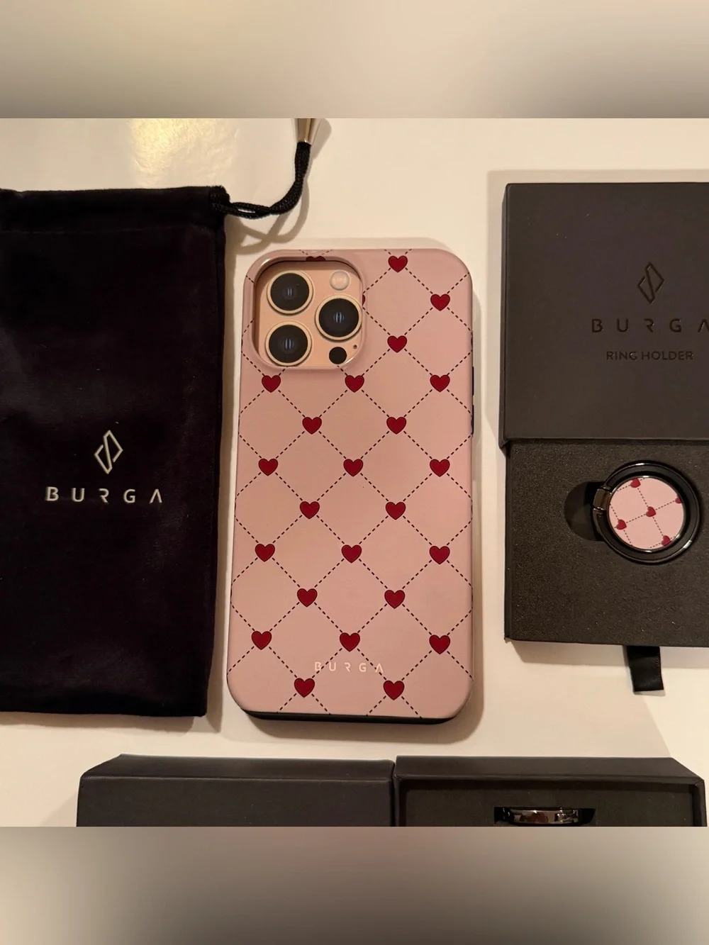 BURGA phone case, ring holder, and AirPods case